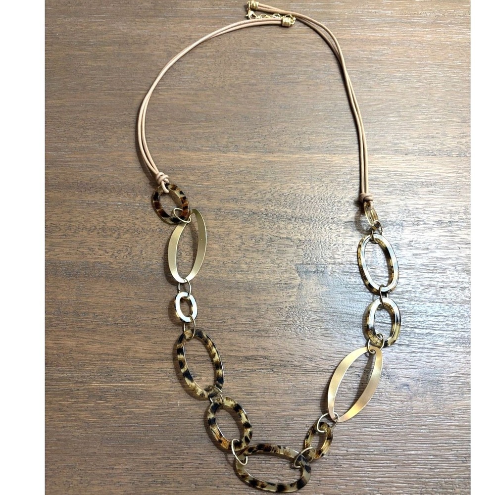 Chico's Style Extra Long 43" Leopard Print Resin & Matte Gold Link Rope Necklace - Picture 2 of 11